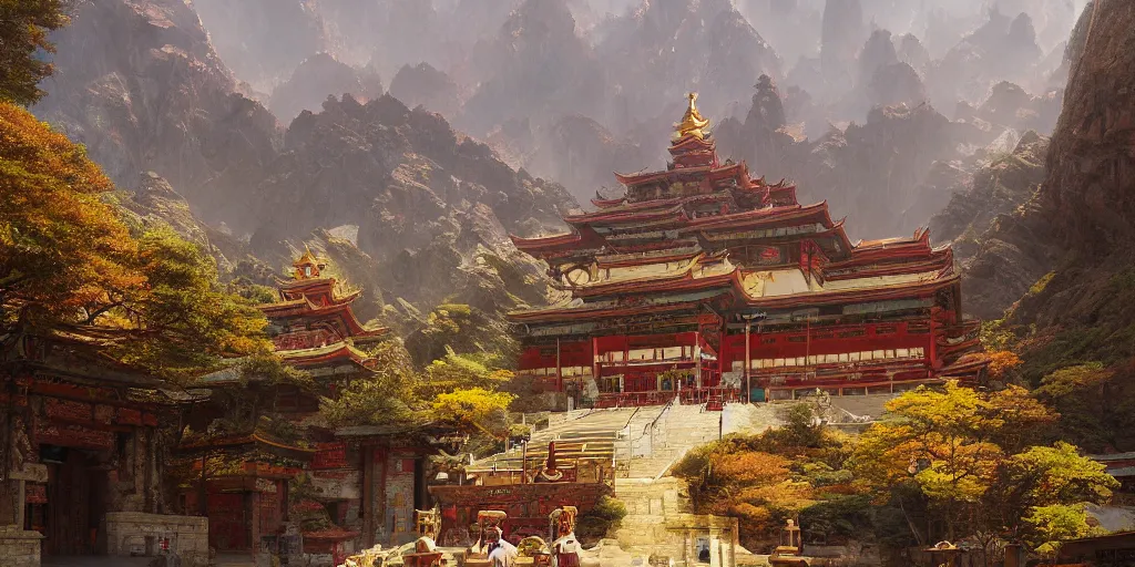 Prompt: Dzogchen Mountain Temple, by Craig Mullins and Marc Simonetti and Hiroshi Yoshida