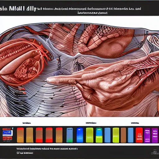 Image similar to highly detailed labeled medical anatomy poster of an abelton push MIDI pad controller