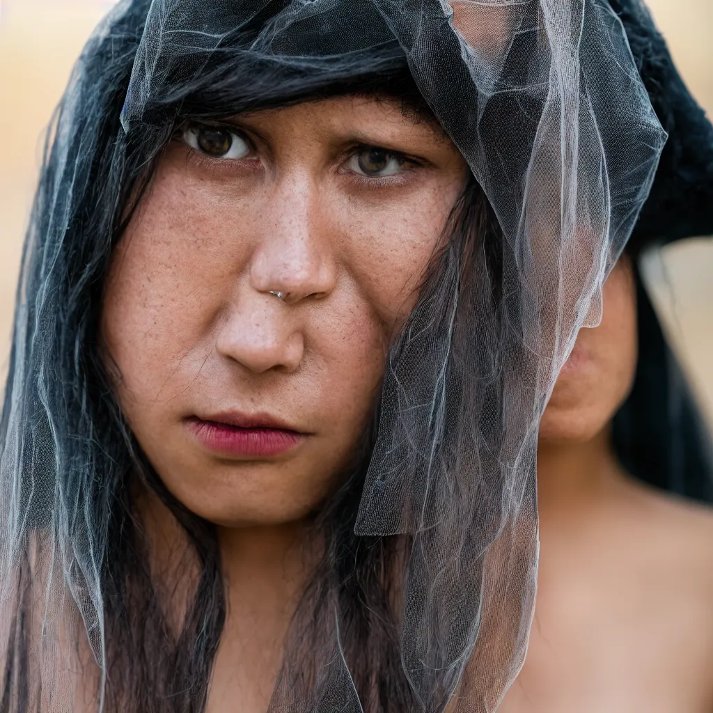 Prompt: highly detailed portrait fashion photography of a sad face gazing at the camera, wearing a velvet widow veil, in autumn, 135mm f5 at the Giza Pyramid