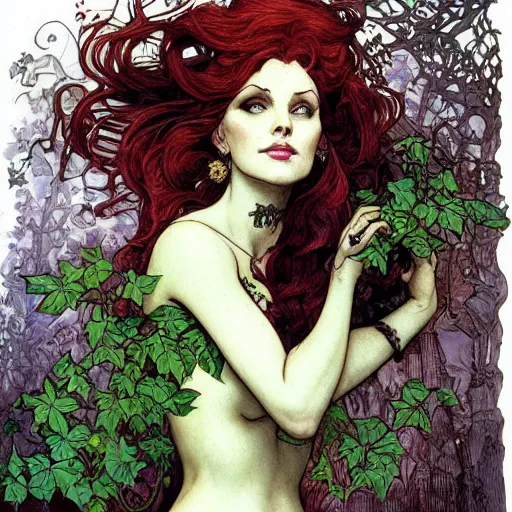 Prompt: a beautiful painting of poison ivy as a lawyer who can't balance her life for love, dark eyeliner, intricate, elegant, highly detailed, digital painting, artstation, concept art, matte, sharp focus, illustration, art by rebecca guay and by arthur rackham and by alphonse mucha and by john william waterhouse