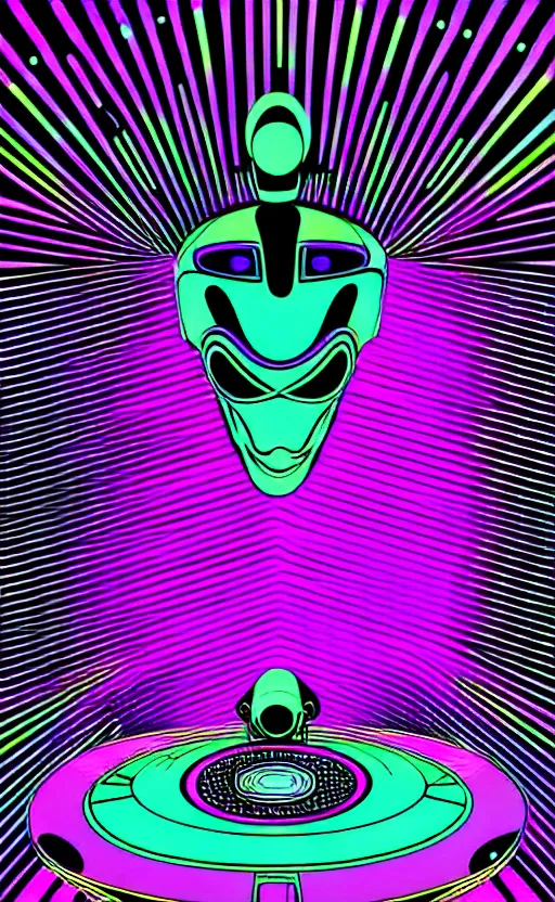 Prompt: trippy spaceship interior alien wall panel from the movie tron, psychedelic dot sculpture, wide angle shot, white background, vector art, illustration by jack kirby