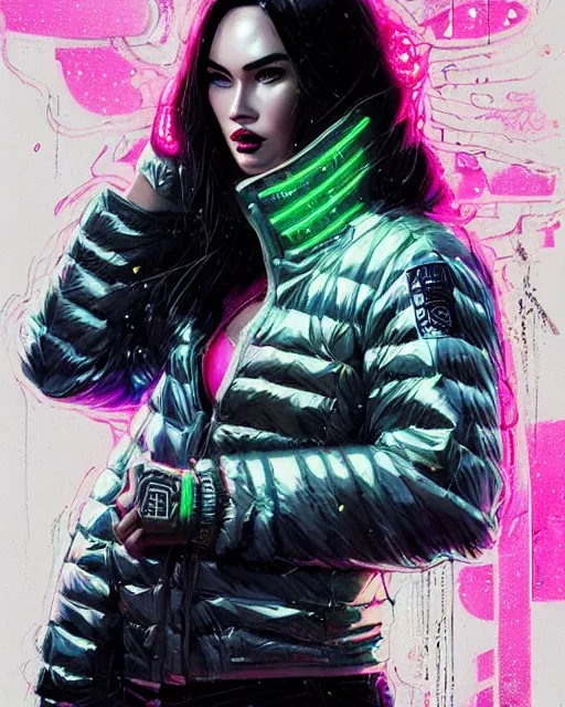 Prompt: detailed portrait megan fox neon operator girl cyberpunk futuristic neon reflective puffy coat, decorated with traditional japanese ornaments by ismail inceoglu dragan bibin hans thoma greg rutkowski alexandros pyromallis nekro rene margitte illustrated perfect face, fine details, realistic shaded, fine - face, pretty face