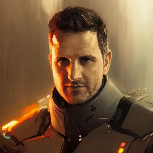 Image similar to portrait of a man by greg rutkowski, he looks like gabriel macht with cybernetic eyes, wearing a futuristic flying jacket, highly detailed portrait, scifi, digital painting, artstation, concept art, smooth, sharp foccus ilustration, artstation hq