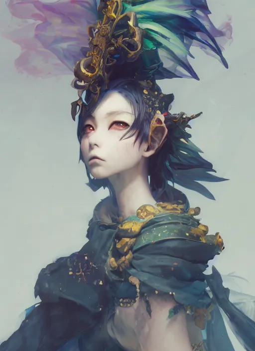 Prompt: matte painting, by yoshitaka amano, by ruan jia, by conrad roset, by good smile company, detailed anime 3d render of a female jester goddess, portrait, cgsociety, artstation, quirky modular costume and grand headpiece in the style of fischer price, surreal mystical atmosphere