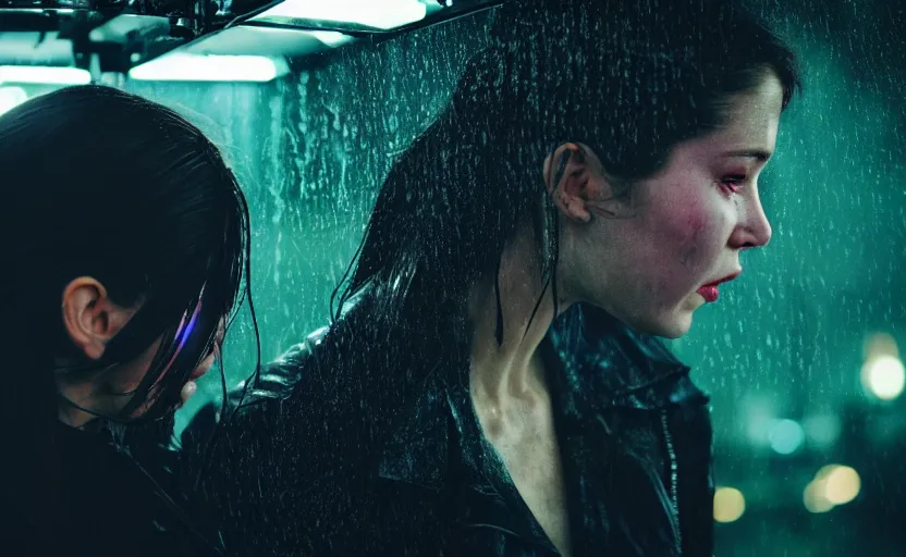 Image similar to cinestill 5 0 d candid photographic portrait by steven spielberg of two loving female androids sobbing wearing rugged black mesh techwear in treacherous waters, flooded city, medium closeup, retrofuturism cyberpunk moody emotional cinematic, pouring iridescent rain bright spotlight helicopter, 8 k, hd, high resolution, 3 5 mm, f / 3 2, ultra realistic faces, ex machina