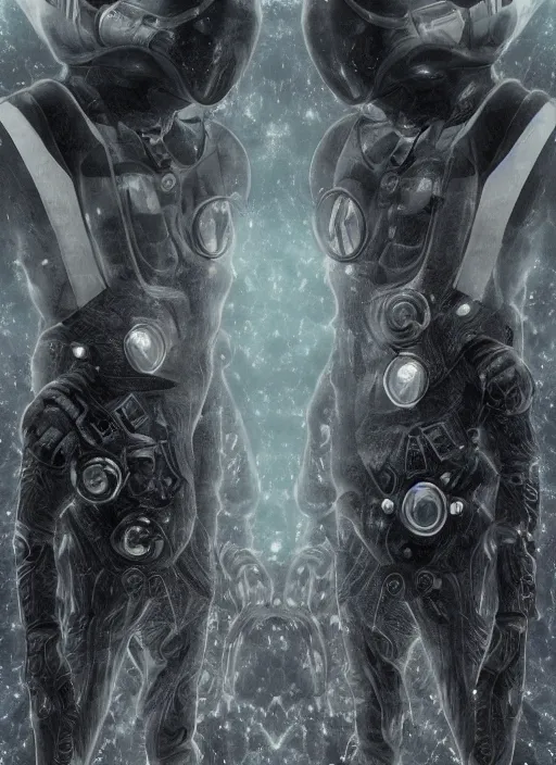 Image similar to symmetrical astronauts in dark and empty void underwater - complex and hyperdetailed technical suit. reflection and dispersion materials. rays and dispersion of light. volumetric light. 5 0 mm, f / 3 2. noise film photo. flash photography. ultra realistic, wide angle. poster by wayne barlowe, hajime sorayama aaron horkey, craig mullins