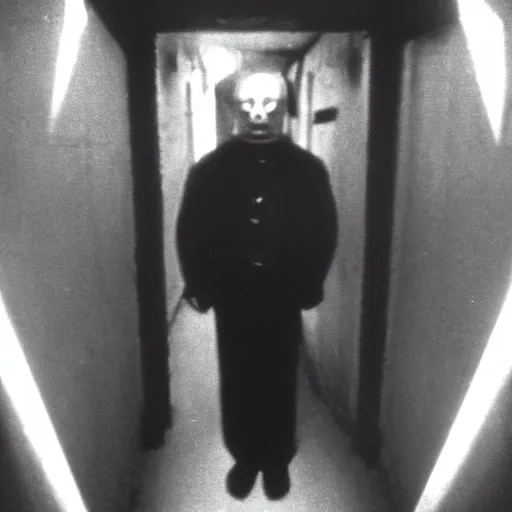 Prompt: a flash photo of creepy man with an unnatural posture standing in a vantablack russian basement from the horror movie rec, uncanny valley, shaky camera, it is deformed and is staring at the camera from the end of a dark liminal hallway. caught on vhs, film grain, national geographic award winning photography,