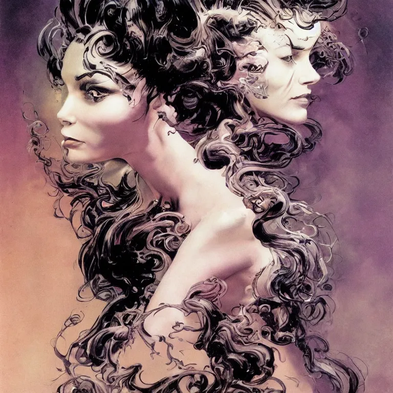 Image similar to portrait of a woman with swirling hair and fractal skin by frank frazetta, retrofuturism, psychedelic art reimagined by industrial light and magic