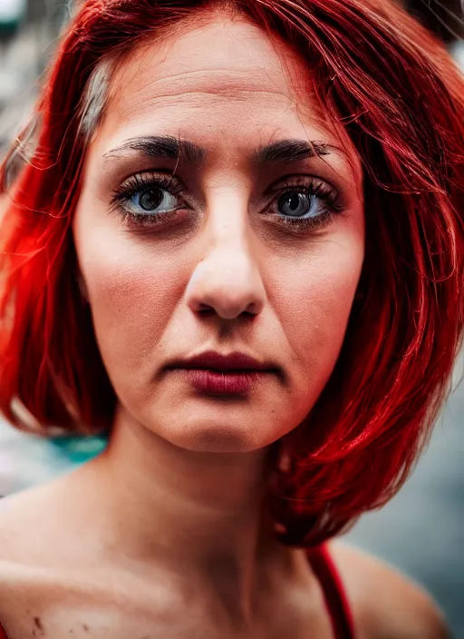 Image similar to close up portrait of beautiful Italian woman, red clothes, well-groomed model, candid street portrait award winning