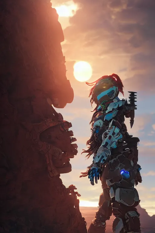 Image similar to combination suit armor aloy horizon forbidden west horizon zero dawn robot ninja mask helmet backpack tribal, aesthetic octane render, 8 k hd resolution, by ilya kuvshinov and cushart krentz and gilleard james radiating a glowing aura cgi rtx 2 0 2 2