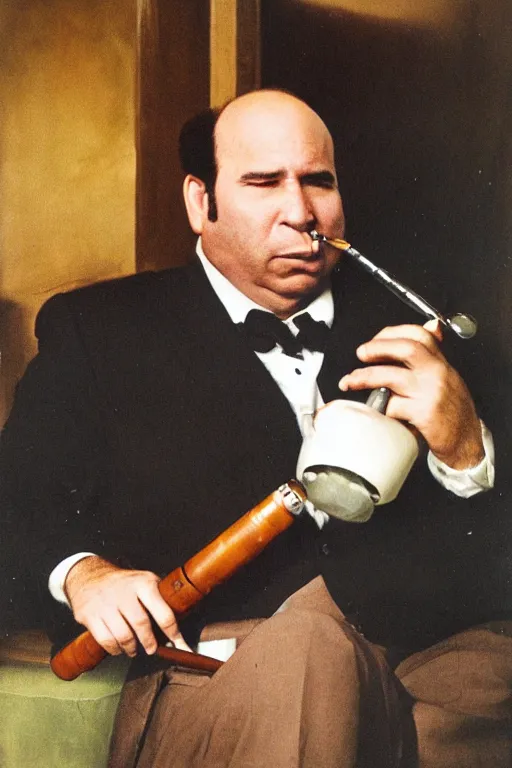 Image similar to portrait photo of george constanza, smoking a pipe, atmospheric