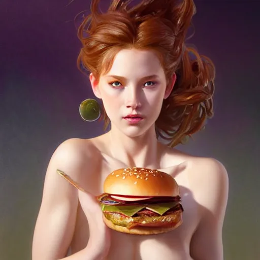 Prompt: portrait of destiny dixon eating hamburgers, extra onions and ketchup, luscious patty with sesame seeds, feminine ethereal, handsome, D&D, fantasy, intricate, elegant, highly detailed, digital painting, artstation, concept art, matte, sharp focus, illustration, art by Artgerm and Greg Rutkowski and Alphonse Mucha