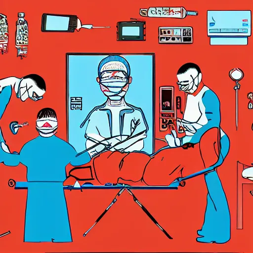 Image similar to chinese surgeons operating on a body on an operating table, in the style of daniel johnston and outsider art, 8k, line brush, minimal, overlaid with chinese adverts