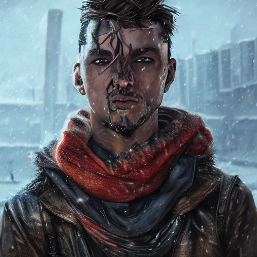 Image similar to A comic book style portrait painting of a male post apocalyptic punk warrior in a winter landscape, unreal 5, DAZ, hyperrealistic, octane render, RPG portrait, ambient light, dynamic lighting