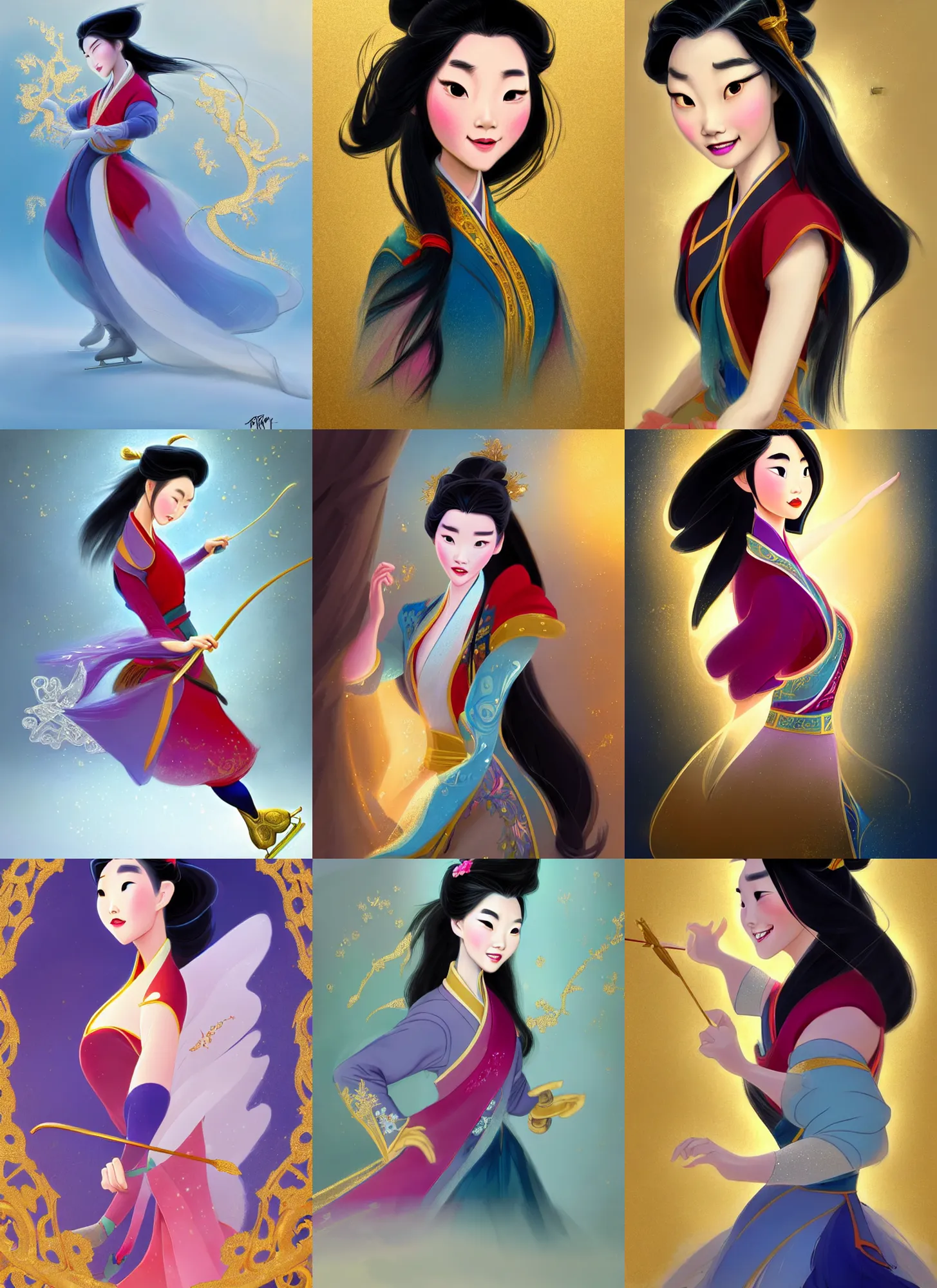 Prompt: digital concept paintings of disney's mulan in a rococo style, ice skating, by nixeu, by artgerm, by greg rutkowski, iridescent and gold and crystal, fullbody, intricate jewelry, god rays, hyper detailed, character concept, glowing particulate, intricate, elegant, digital painting, artstation, smooth, sharp focus.