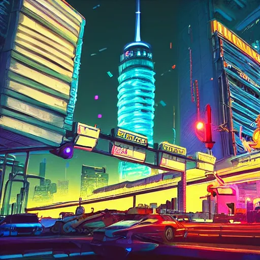 Image similar to Neon cyberpunk cityscape of Toronto Canada including CN tower with flying cars and advertisement screens, Blender 3D, Unreal Engine, 8k, by Jordan Grimmer and Andrea Pozzo