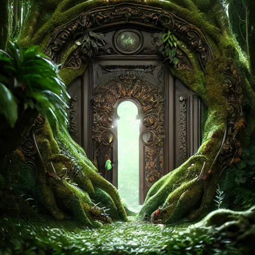 Image similar to doorway to a creature in a lush trunda vegetation, snow snow :: by Michal Karcz, Daniel Merriam, Victo Ngai and Guillermo del toro :: ornate, dynamic, particulate, intricate, elegant, highly detailed, centered, artstation, smooth, sharp focus, octane render, 3d