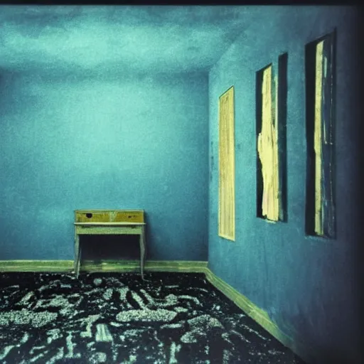 Prompt: a black unicorn in a blue and gold haunted liminal abandoned room, film still by david lynch, limited color palette, very intricate, art noveau, highly detailed, strong lights, liminal, eerie, bright pastel colors