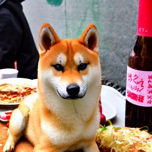 Image similar to a photo of a shiba inu made out of okonomiyaki