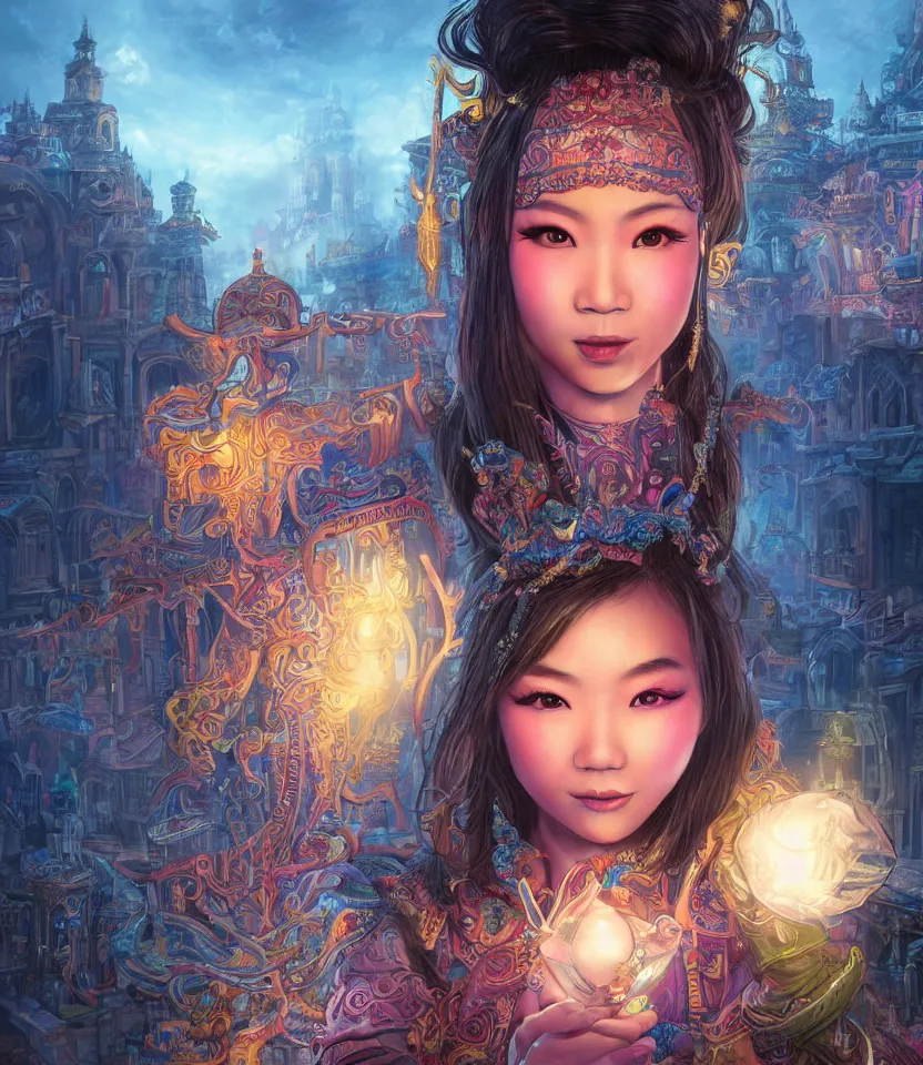 Image similar to beautiful portrait of magician asian girl, cheeky smile, glowing eyes, intricate details, colourful, atmospheric light, ominous ancient city on the background, dark fantasy, ultra realistic details, detailed face, artstation, illustration, one character, symmetrical, by arthur adams