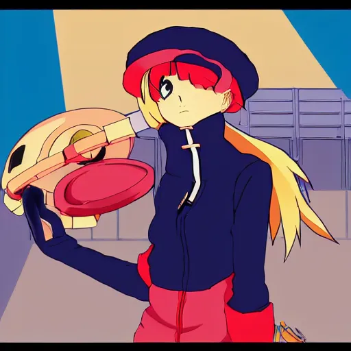 Image similar to anime girl with very large beret, beret over eye, cel - shading, 2 0 0 1 anime, flcl, jet set radio future, golden hour, underground facility, underground tunnel, pipes, rollerbladers, rollerskaters, cel - shaded, strong shadows, vivid hues, y 2 k aesthetic