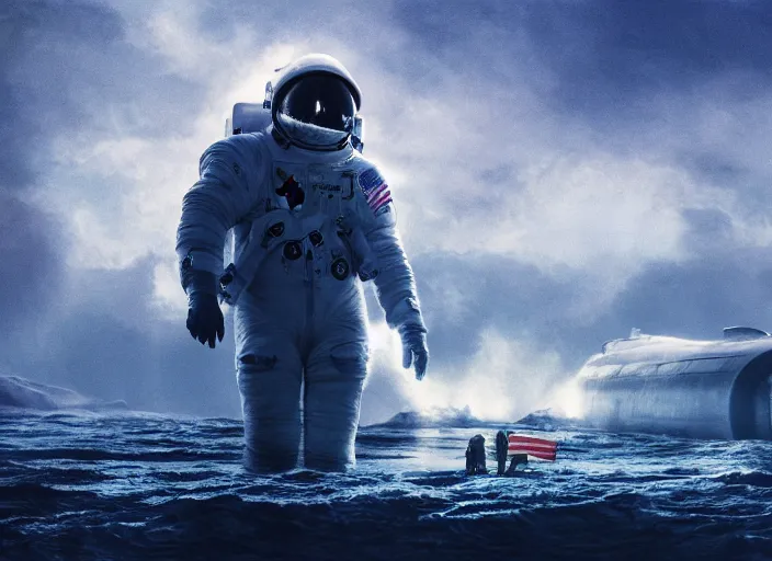 Image similar to astronaut holding a flag in an underwater desert. a submarine is visible in the distance. dark, concept art, cinematic, dramatic, atmospheric, 8 k, trending on artstation, blue, fish, low visibility, fog, ocean floor, christopher nolan, interstellar