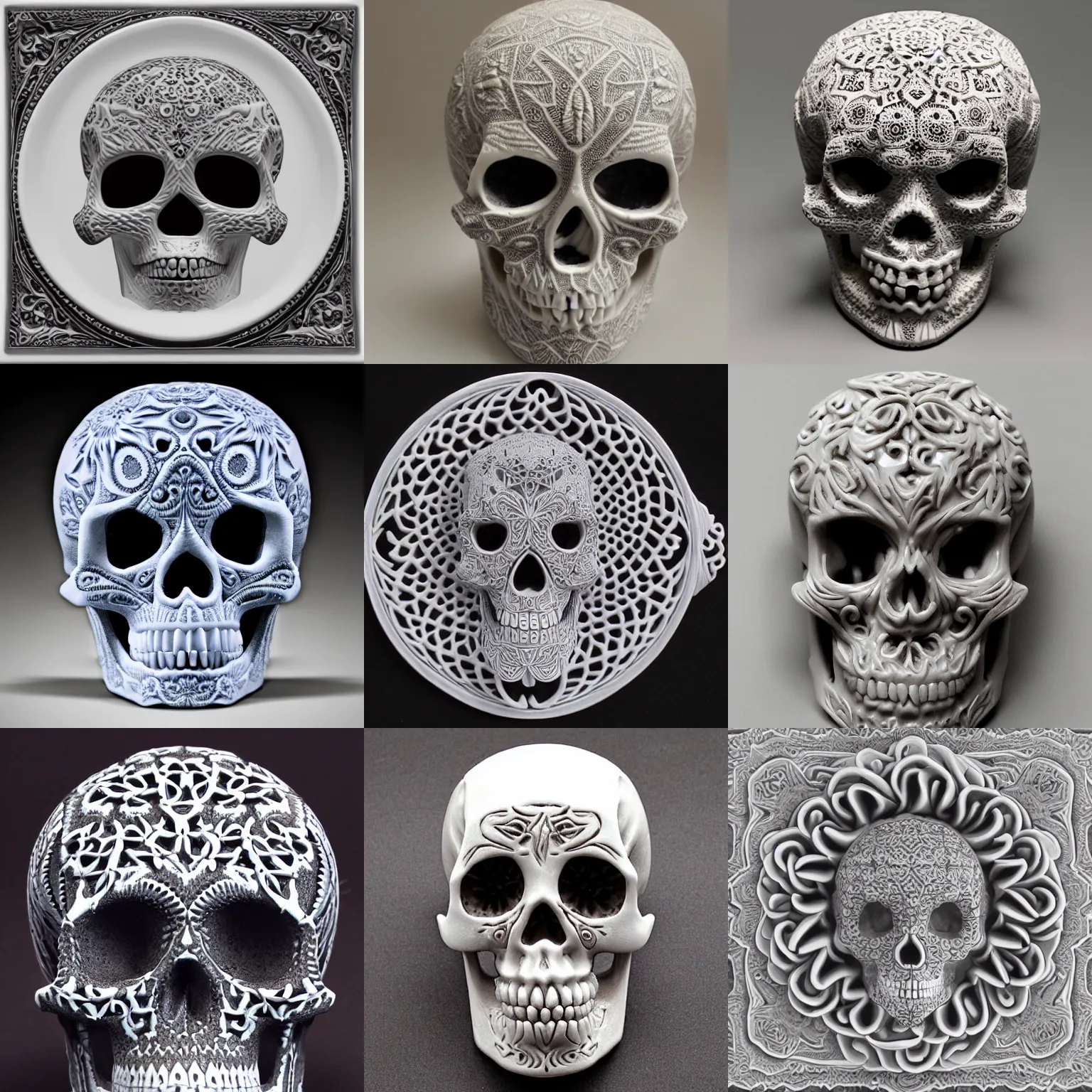 Prompt: fractal geometry skull 8 k high detail intricate porcelain carvings