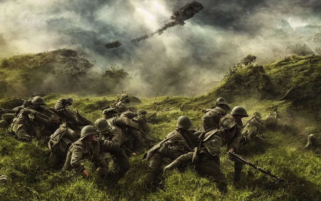 Image similar to fight ww 1, deep trenches with fortifications, natural landscape, green and blue tones, soldiers fighting against aliens from resistance game, realistic people, ground explosion in the background, alien mothership in the sky, hyper realistic, highly detailed, dramatic lighting, raytarced, god rays, 4 k, 8 k, art by artgem