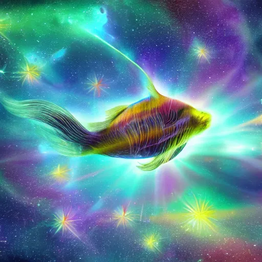 Prompt: spirit fish flying in the cosmos, beautiful nebulas, swirling cosmic clouds, galaxies, stars, 4 k, 8 k, ultra detailed, digital illustration