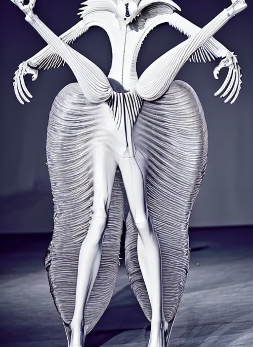 Image similar to walking down the catwalk, mert alas and marcus piggott, show, stage, vogue photo, podium, fashion show photo, historical baroque dress, iris van herpen, beautiful woman, full body shot, masterpiece, inflateble shapes, alien, predator, guyver, jellyfish, white biomechanical details, highly detailed