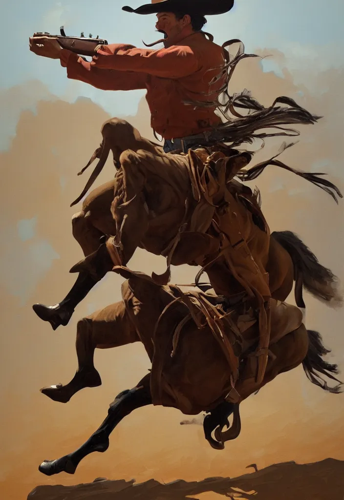 Prompt: acrylic on paper painting of an epic portrait of a cowboy firing his revolver while yelling, full body with dynamic pose and correct anatomy, during archetypical Old West period, 19th century, male, detailed face, cinematic lighting, by concept art trending on ArtStation, masterpiece, fantastic, octane render, 8K HD Resolution, High quality image