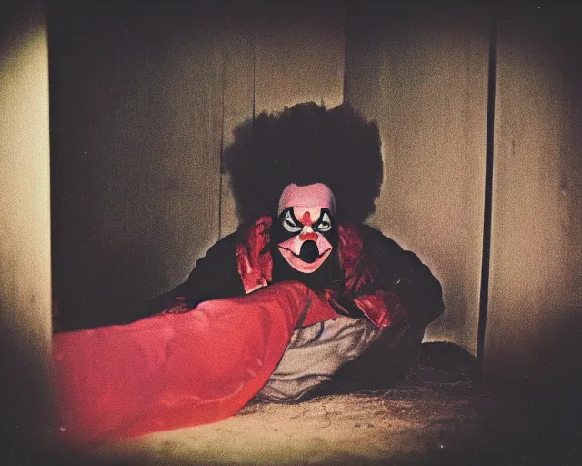 Prompt: polaroid photograph of a scary clown hiding under a bed, bedroom, moody lighting, horror