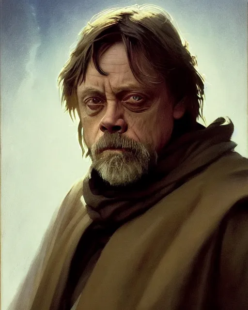 Prompt: mark hamill as a grizzled emanciated drunk jedi knight. fantasy science fiction art by greg rutkowski, gustave courbet, rosa bonheur, edward hopper. faithfully depicted facial expression, perfect anatomy, sharp focus, global illumination, radiant light, detailed and intricate environment, trending on artstation