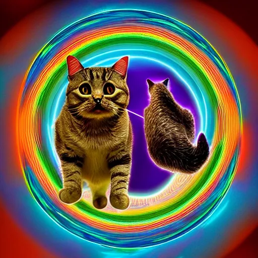 Prompt: the seventeen dimensional cat swings its tail through the quantum fields comprising our reality