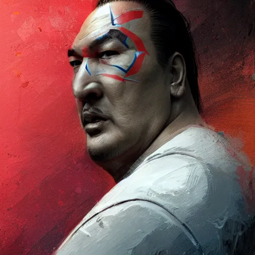 Image similar to steven seagal with bandages and broken arm and face wounds, digital painting, artstation, concept art, smooth, sharp focus, artwork by liam wong, patriotic, detailed