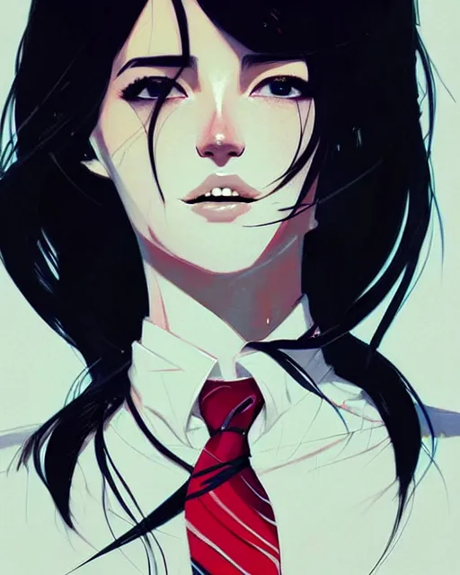 Image similar to a ultradetailed beautiful panting of a stylish woman wearing a shirt with a tie, she has black hair, by conrad roset, greg rutkowski and makoto shinkai, trending on artstation