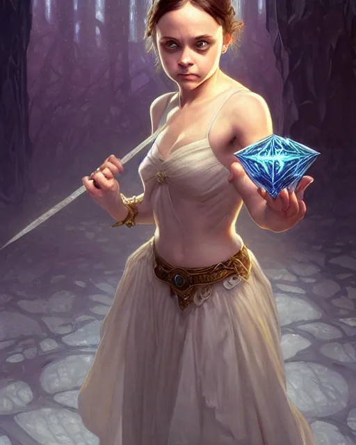 Image similar to Young Christina Ricci casting a ice spell, D&D, fantasy, intricate, elegant, highly detailed, digital painting, artstation, concept art, matte, sharp focus, illustration, hearthstone, art by Artgerm and Greg Rutkowski and Alphonse Mucha