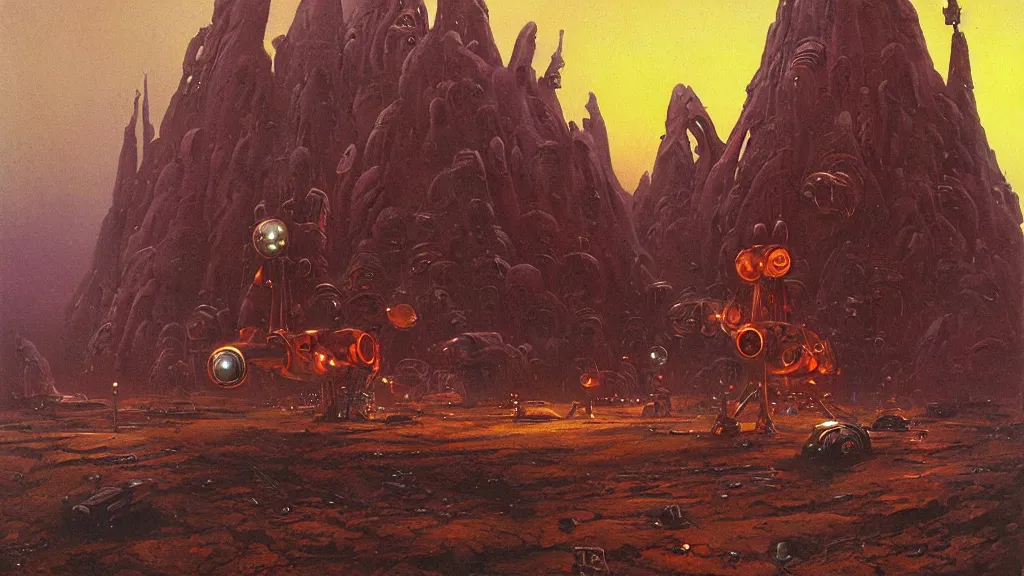 Image similar to mysterious whimsical sculpture of alien technology by paul lehr and john schoenherr and john harris, cinematic matte painting