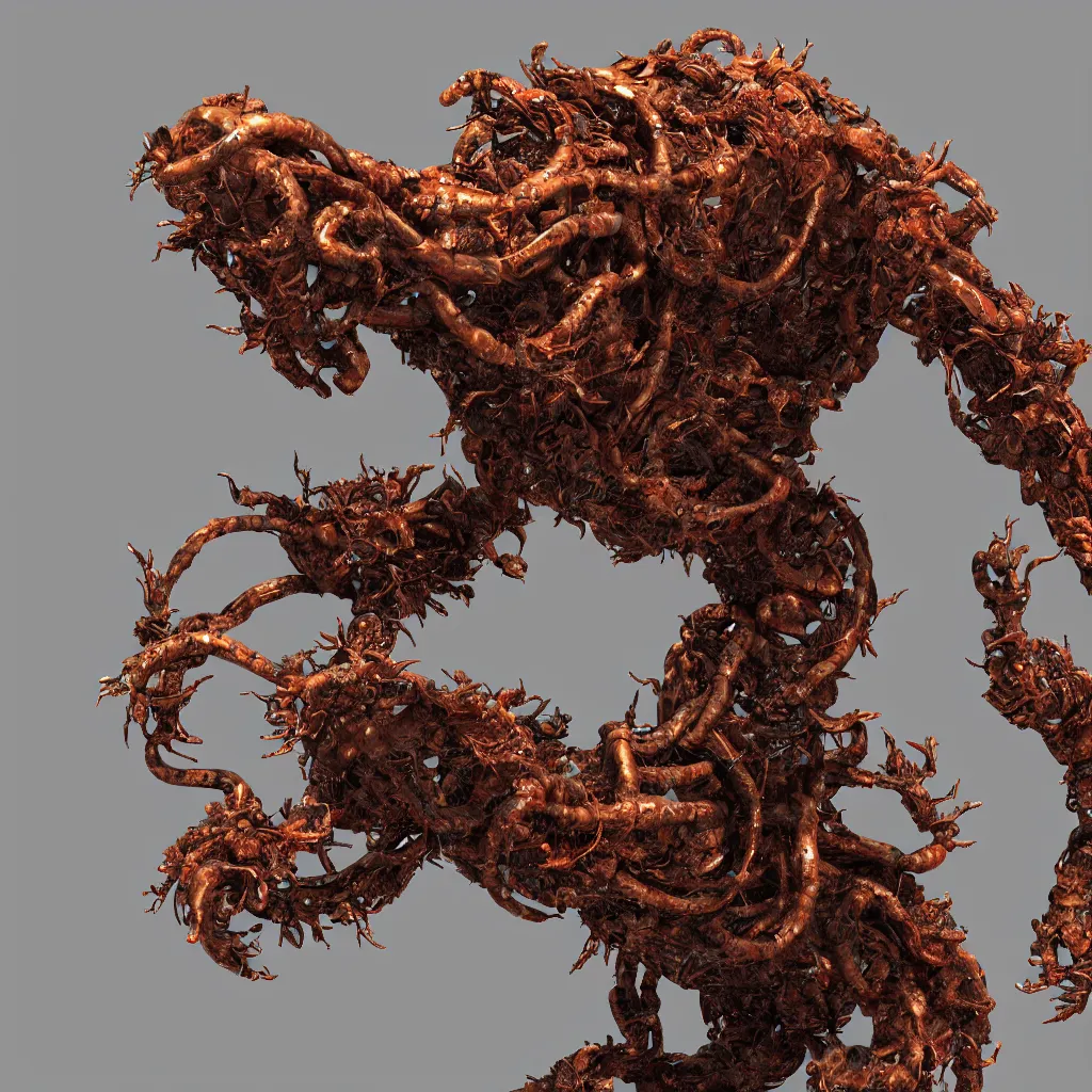 Image similar to 3 d render of a rusty biopunk sculpture, waves and steps, organic chrometype, liquid metal, neotribal thorns, raytraced, volumetric lightning, 8 k, by zhelong xu and innate studio