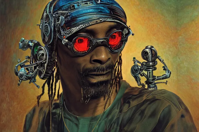 Image similar to a fisheye lens photo of a post apocalyptic tribal cyborg snoop dogg tweaking and playing synthesizers in the most complicated and technical spiral fractal musical studio, powerful, cinematic, beautifully lit, by donato giancola, by artgerm, by karol bak, 3 d, perfect face and body, trending on artstation, octane render, 8 k