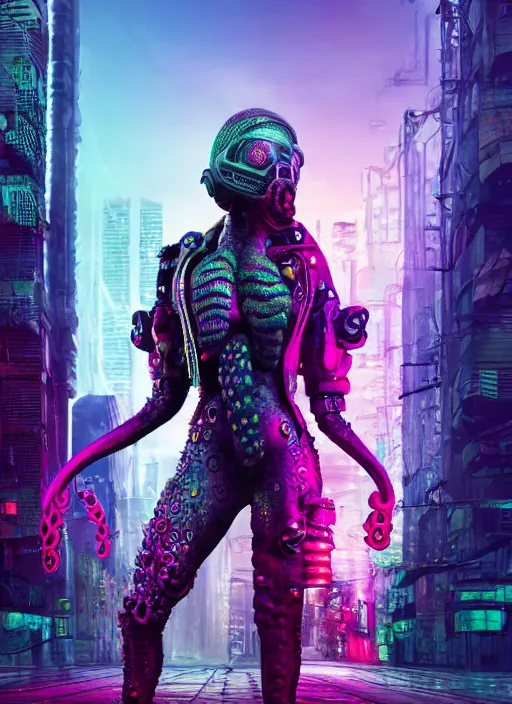 Prompt: hyperrealism, detailed textures, photorealistic 3 d cyberpunk octopus queen in apocalyptic city, futuristic clothing and helmet, neon colors, ultra realistic, cinematic, intricate, low light, unreal engine 8 k