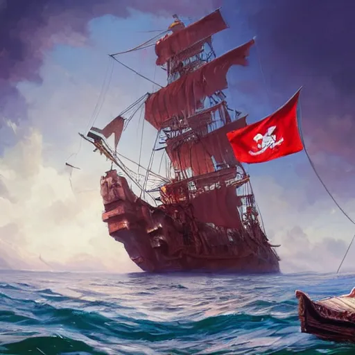 Image similar to a large pirate ship floating on top of a body of water, pirates flag , cgsociety, fantasy art, 2d game art, official art, concept art , behance hd , concept art by Jesper Ejsing, by RHADS, Makoto Shinkaic