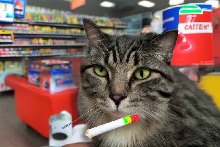 Image similar to cat smoking a cigarette in 7 - eleven