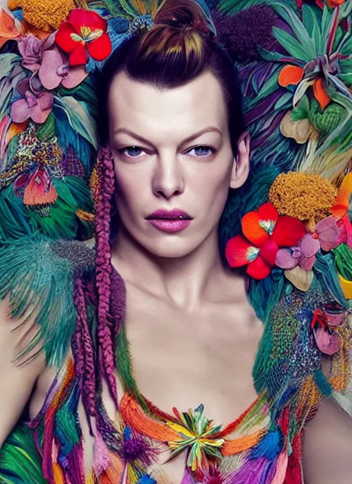Image similar to beautiful portrait of Milla Jovovich wearing fantastic Hand-dyed cotton dress,embellished beaded feather decorative fringe knots ,colorful pigtail,subtropical flowers and plants, 18 years old, dramatic,symmetrical face,intricate,elegant,highly detailed,8k,post-processing,digital painting,trending on pinterest, GUCCI,PRADA,concept art, sharp focus, illustration, by artgerm,Tom Bagshaw,Lawrence Alma-Tadema,greg rutkowski,alphonse Mucha