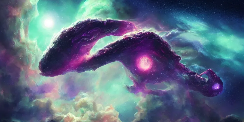 Prompt: gigantic eldritch creature floating in space with a nebula in the background, digital art, artstation, detailed, realistic