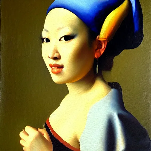 Image similar to a beautiful painting coco lee, by jan vermeer realistic oil painting