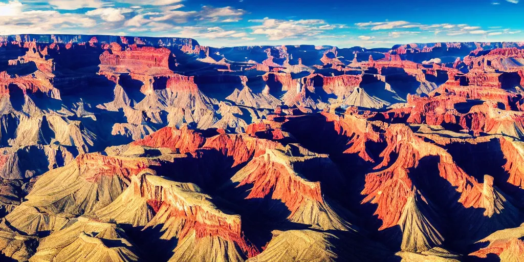 Prompt: drone shot photo of a landscape with mountains and grand canyons, wallpaper, very very wide shot, warm, national geographic, award landscape photography, professional landscape photography, sunny, day time, beautiful