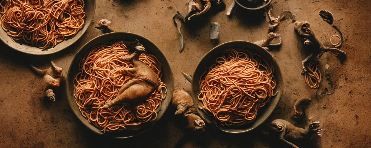 Prompt: two dinosaurs fighting to the death, inside a bowl of spaghetti, canon 5 0 mm, cinematic lighting, photography, retro, film, kodachrome