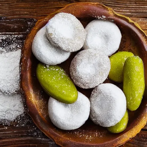 Image similar to powdered donuts stuffed with sliced pickles on an ornate table, high resolution photograph, romantic lighting