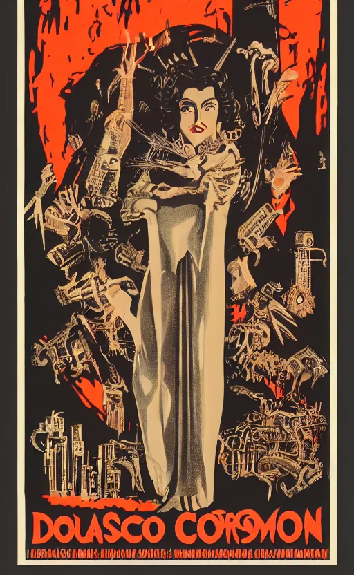 Image similar to 8 k cursed with necronomicon horrorcore cel animation poster depicting dominican woman with sharp nails, intricate faces, metropolis, 1 9 5 0 s movie poster, post - processing, vector art